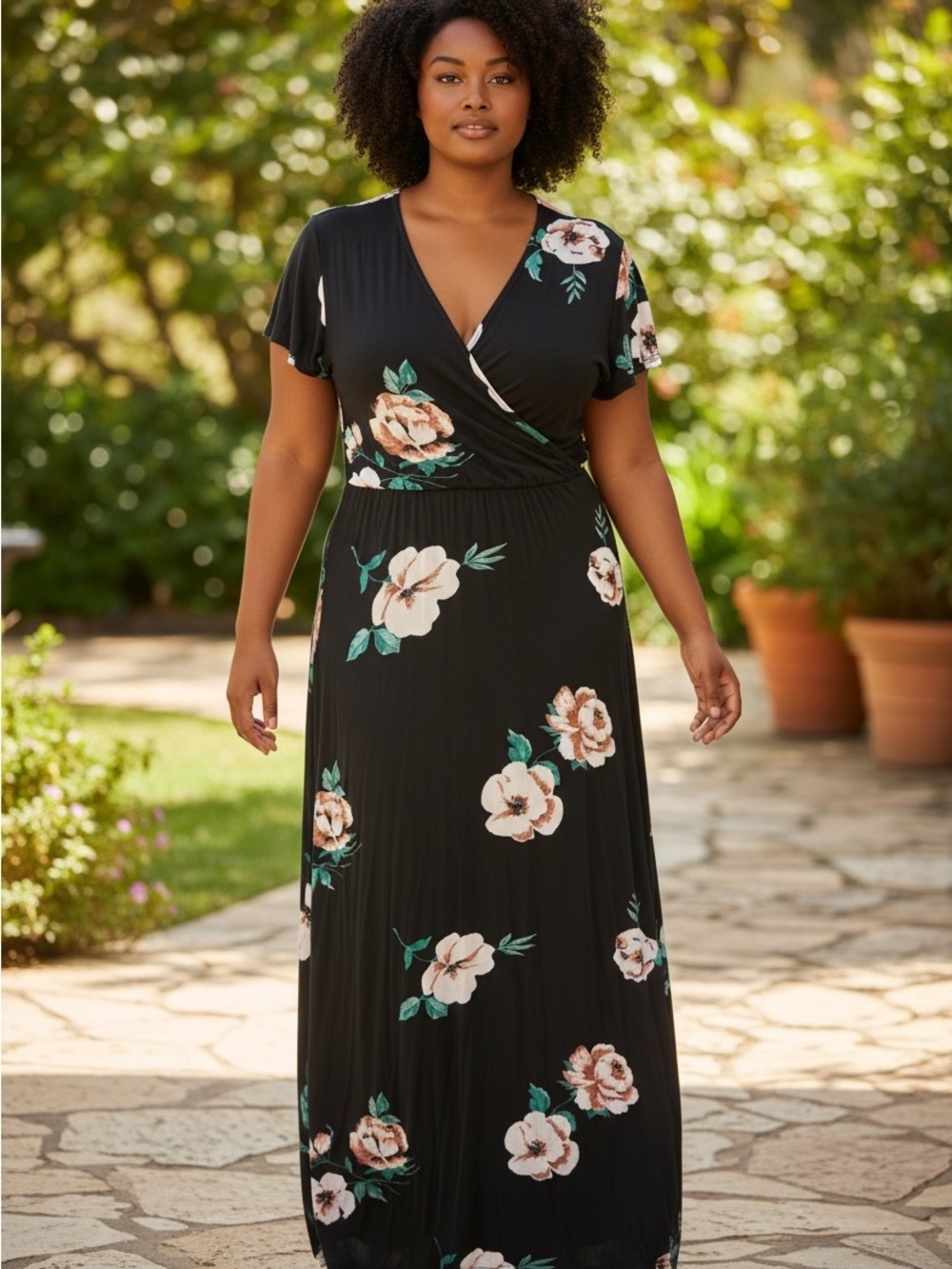 Loveappella Women's Torri Knit Floral Maxi Dress Flutter Sleeve Black, Size 1X